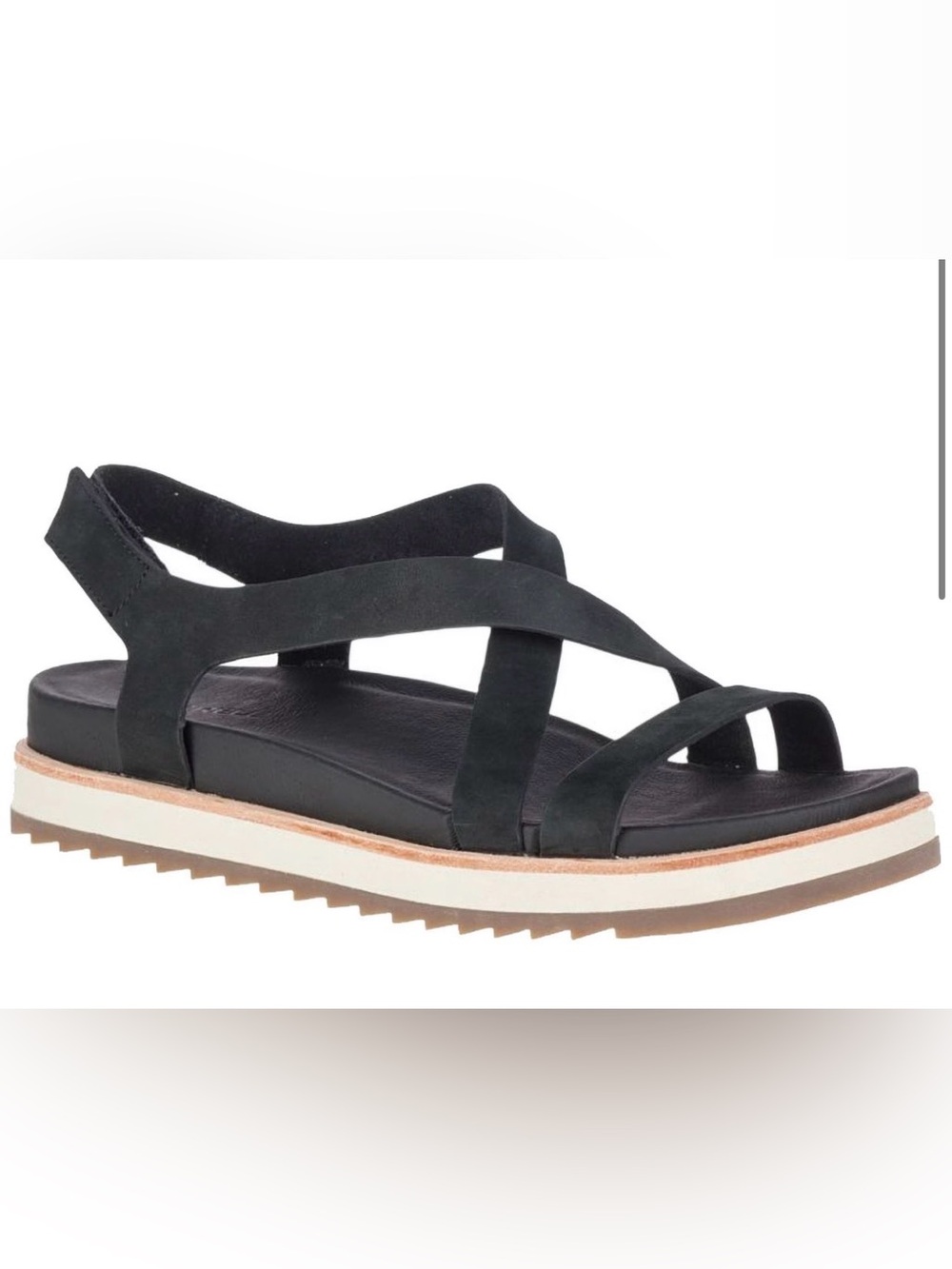 Merrell Genuine Leather Black Cross-Strap Sandals with Tan Midsole